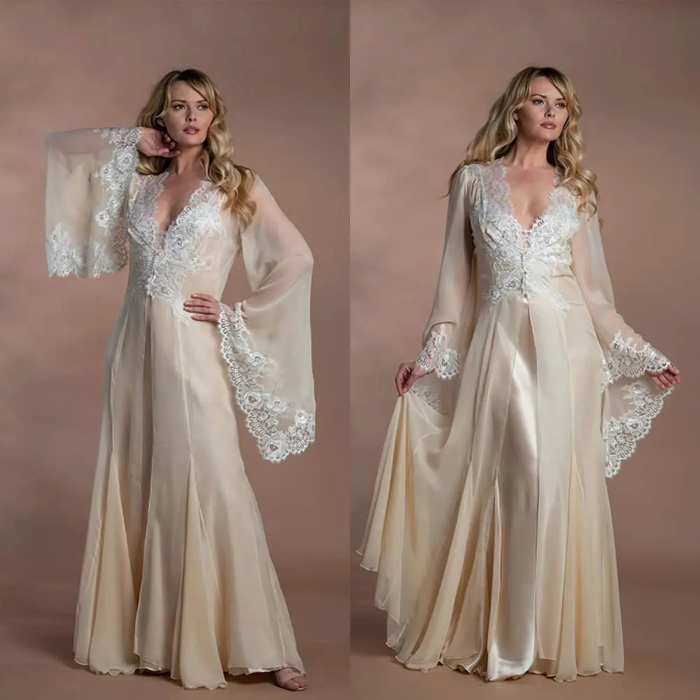 

White Appliques Bridal Bathrobe Women Long Sleeve Wedding Bridal Robe Customized Nightgown Pajamas Sleepwear Dress