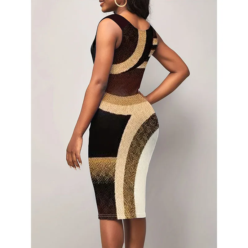 3D Printing Office Lady Sundress Women Sleeveless V Neck Dress Elegant Commuting Slim Dress Up Casual Fashion Summer New Wear