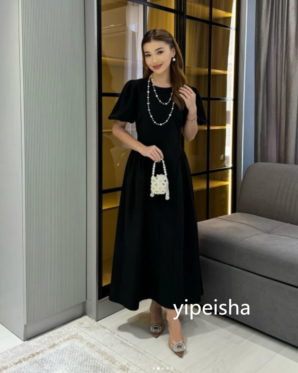 Robe de Soirée Trapèze Drapée en Jersey, Tenue de Bal de Longueur, Simple, Col Rond, à la Mode