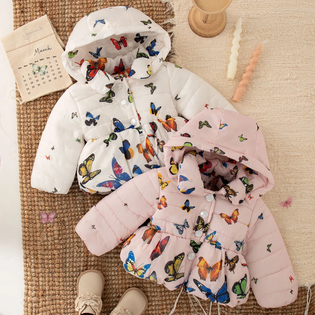 Baby Girl Warm Coat Winter New Sweet Butterfly Print Hooded Button Top Daily Outdoor Children's Warm Coat 9 Months -3 Years Old