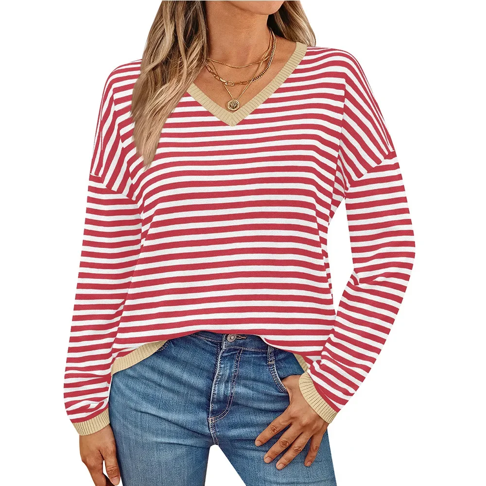 Sweater Women 2024 Autumn New V-neck Striped Contrasting Long Sleeved Casual Sweater Pullover Tops Goth M