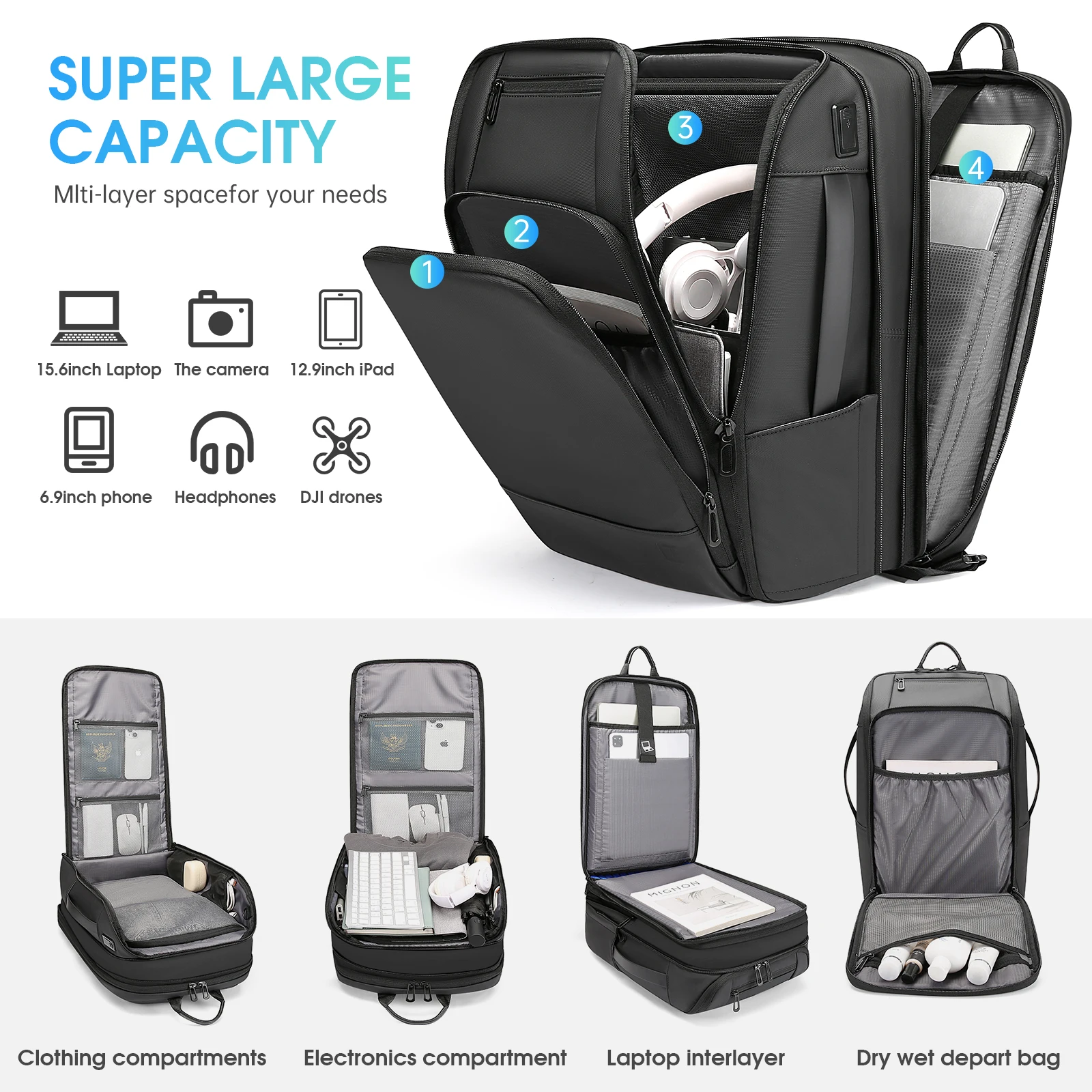 TANGCOOL Large Dry Wet Separate Backpack Fits 15.6 Inch Notebook Anti-theft TSA Friendly 180° Open Business Travel Backpack