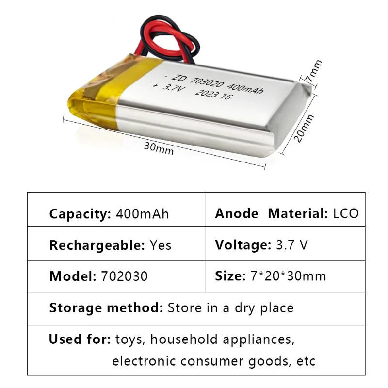 Высококачественный заводской перезаряжаемый литий-полимерный аккумулятор 3,7 в 702030 400 мАч с прямыми волосами