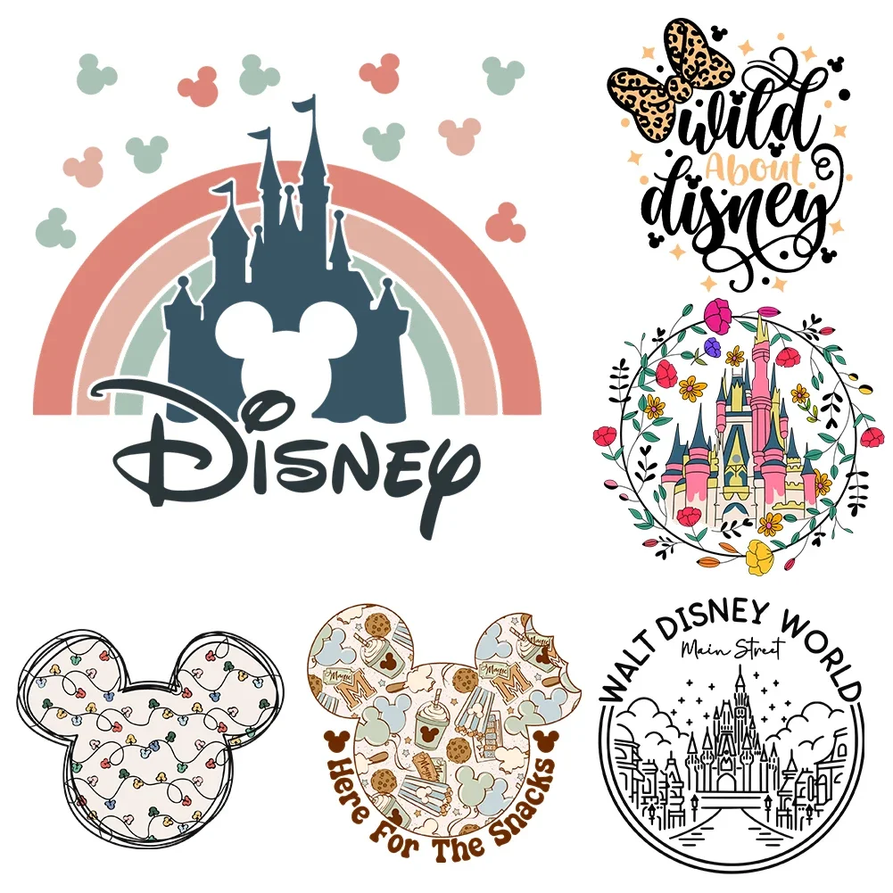 Mickey Castle Disney Iron On Heat Transfer Stickers For Clothes Mask Dtf Pinted Vinyl Thermal Appliques Washable T-shirt Decal