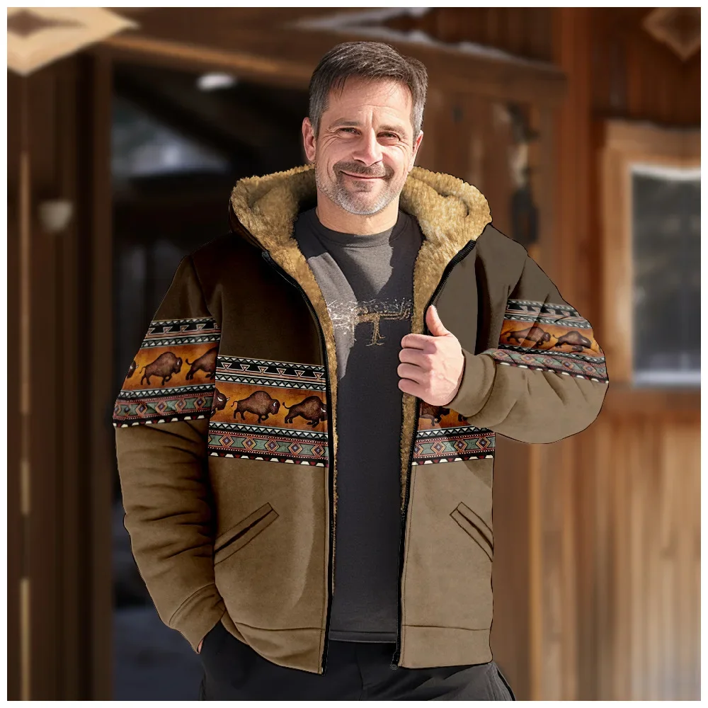 Men Jacket Cardigans Native Aztec Buffalo Coats Festival Printed Thick Outdoor Hunting Fleece Winter Casual Streetwear Clothing