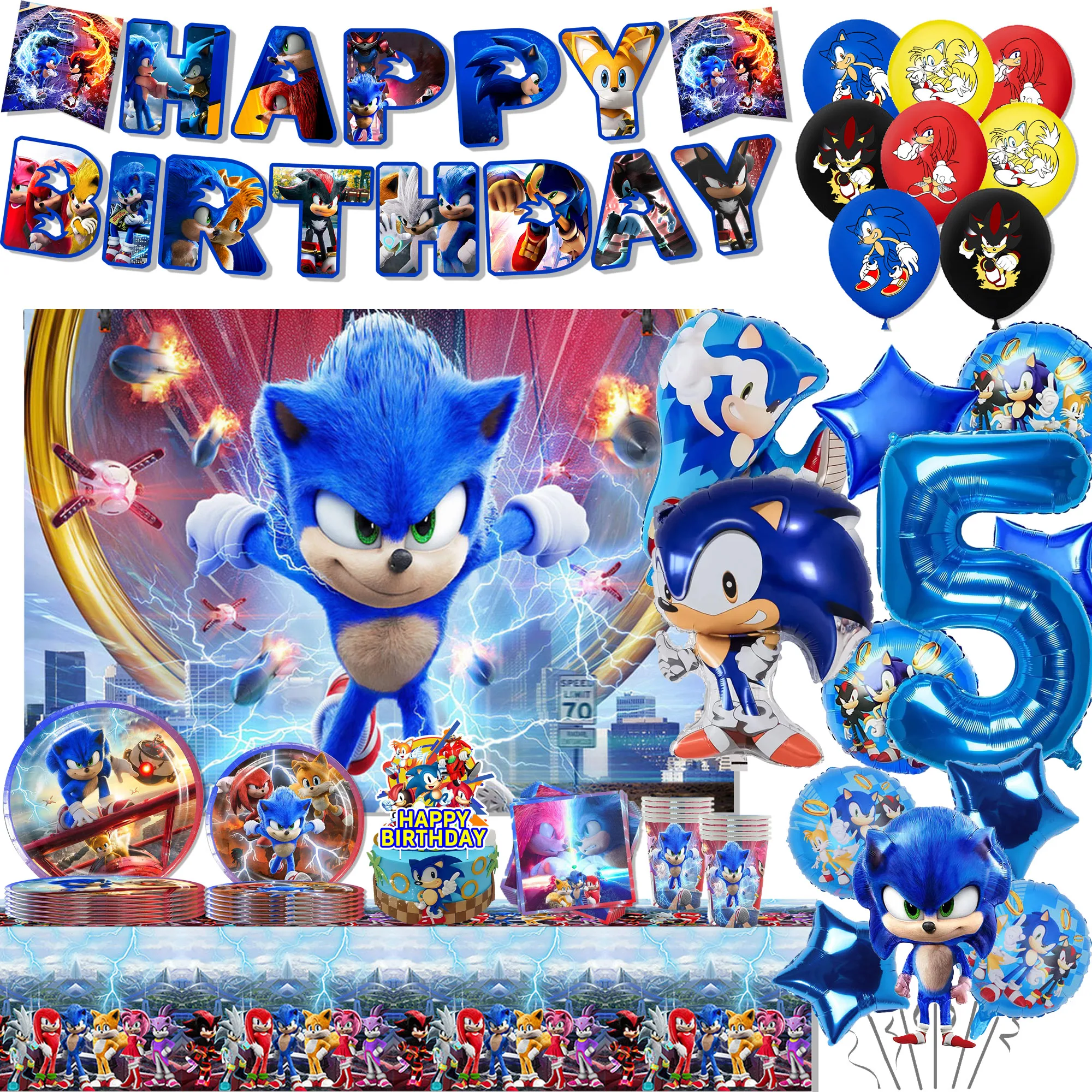 Ballon Sonics de dessin animé, bannière d'anniversaire, décoration de fête du hérisson, décoration de gâteau de jeu, vaisselle jetable, jouet d'arrière-plan sonique