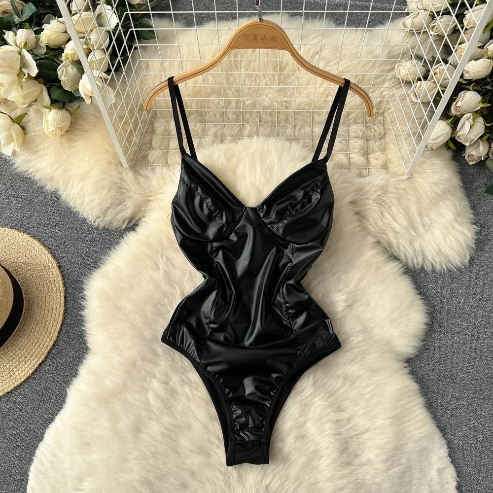 Sexy PU Leather Camis Bodysuits Women French Style V Neck Straps Sheath Rompers 2023 Summer Solid Fashion Jumpsutis