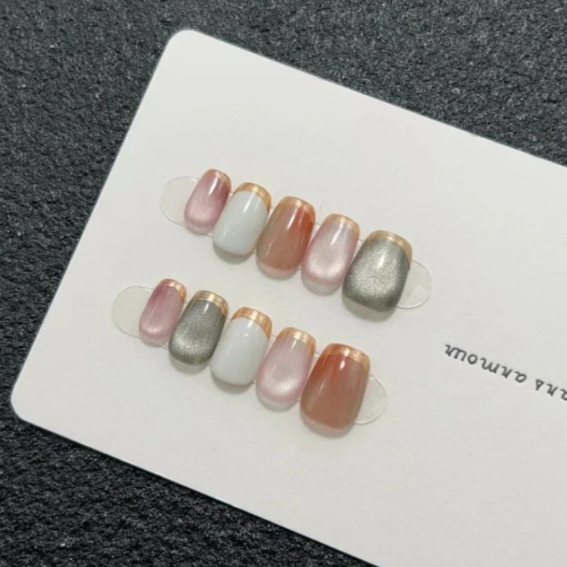 

10PCS Artificial Wearable Manicure Short Square Sweet Purple Cat Eye Aurora Glossy Handmade Ins Style Press on False Nails