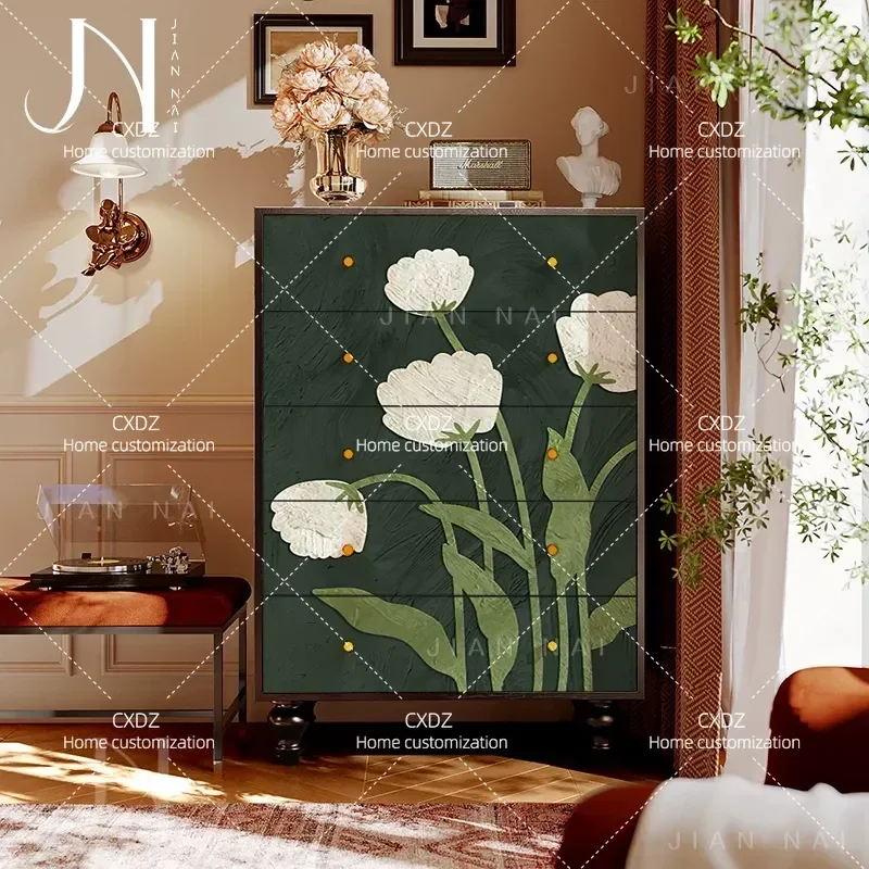 French retro solid wood chest of drawers floral pattern six-bucket drawer storage cabinet living room entrance wall storage