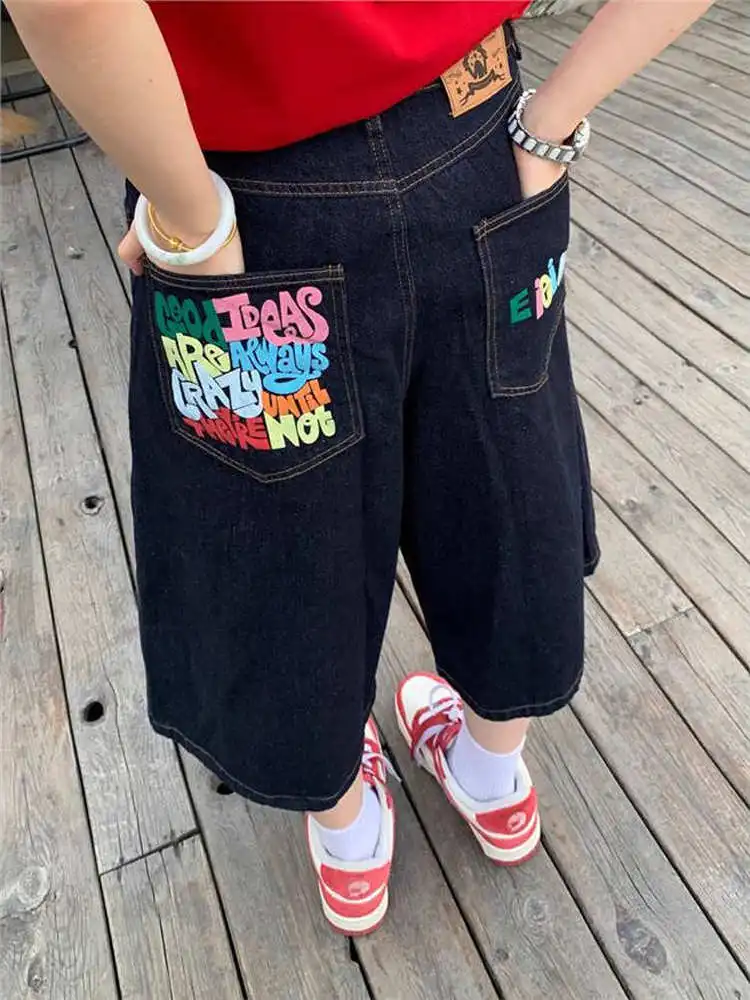Retro American Washed Letter Print Jeans Shorts Straight Loose Slimming Wide Leg Seven-Foot Pants for Men And Women