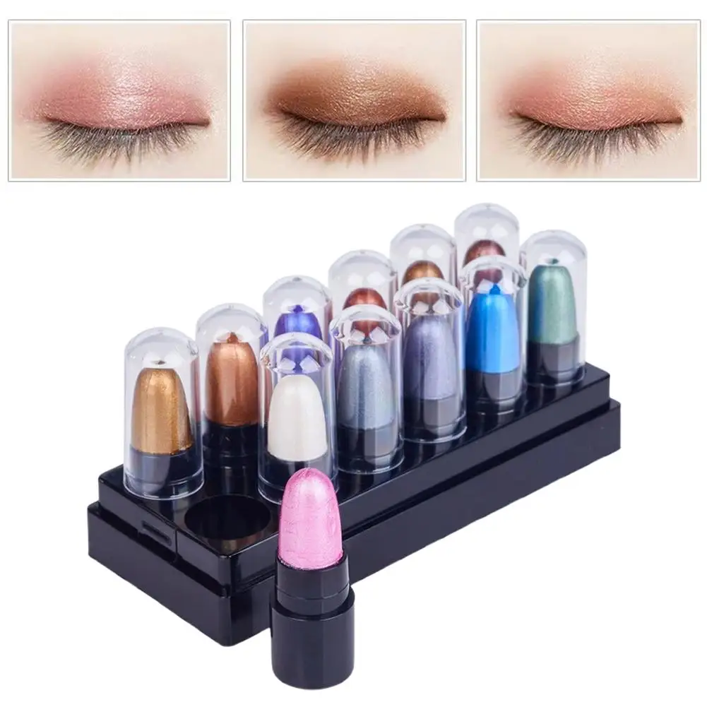 12 Colors Pearlescent Eyeshadow Sticks High Pigmented Eyeshadow Pencil Glitter Waterproof Long-Lasting Eye Makeup Non-Smudged