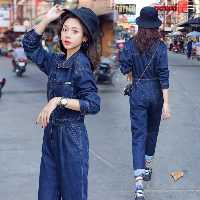 Denim Blue Retro Jumpsuits Style Women Rompers Spring 2023 New Fashion Casual Hand-frayed Cargo Pants Full Sleeve Playsuit Y1009