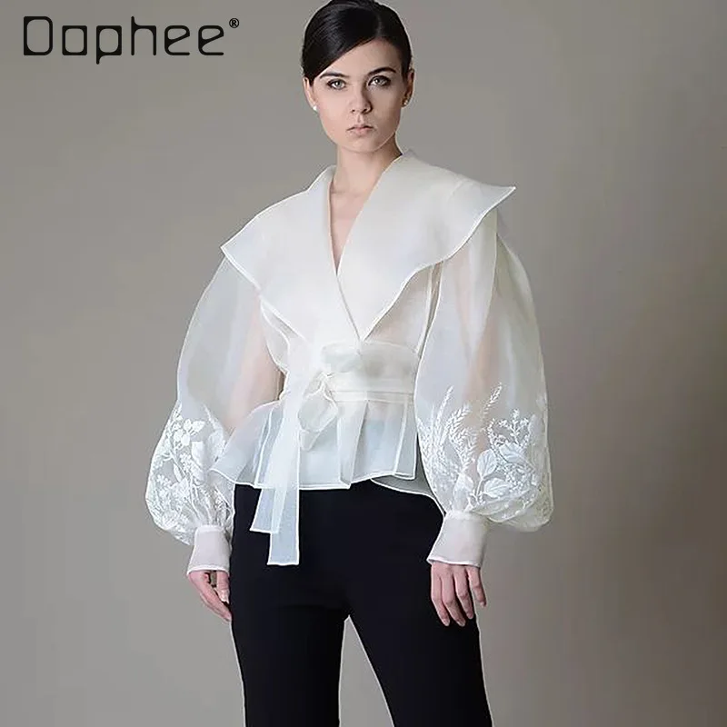 

French Retro Court Style Flower Embroidery Top 2025 Summer New Organza Lapel Lantern Sleeve Lace-up Printed Loose Shirt Women