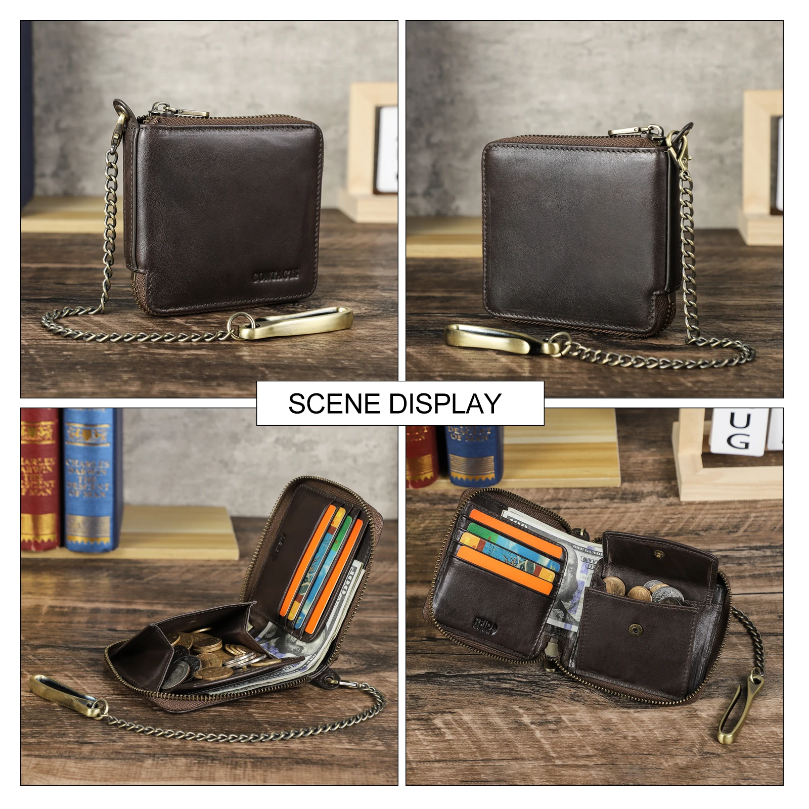 CONTACT'S Genuine Leather Short Wallets for Men Anti Theft Metal Chain Coin Purse Card Holder Money Clip Male Zipper Mini Wallet