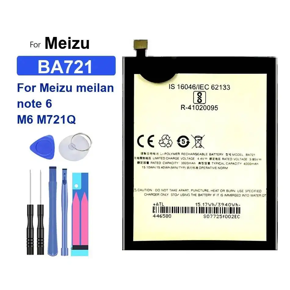 

Высококачественная батарея для сотового телефона Meizu M6 Note, бесплатные инструменты, M721H, M721L, M721Q, BA721, 4000 мАч