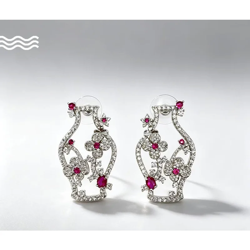 Retro Hollow Vase Flower Zircon Earrings, Brass Stud Earrings, Luxury Delicate Fashion Jewelry Gifts for Women