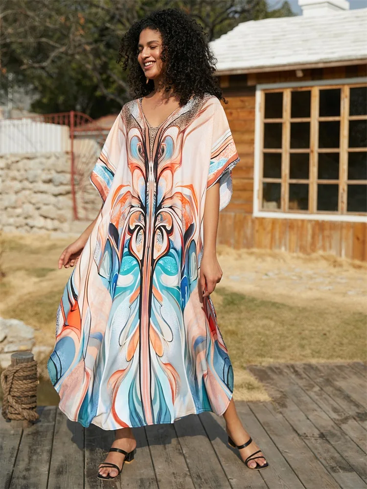 EDOLYNSA Plus Size Kaftan nadruk w stylu Boho 2024 letnie przytulne stroje plażowe kostium kąpielowy dla kobiet luźna boczne rozcięcie sukienka