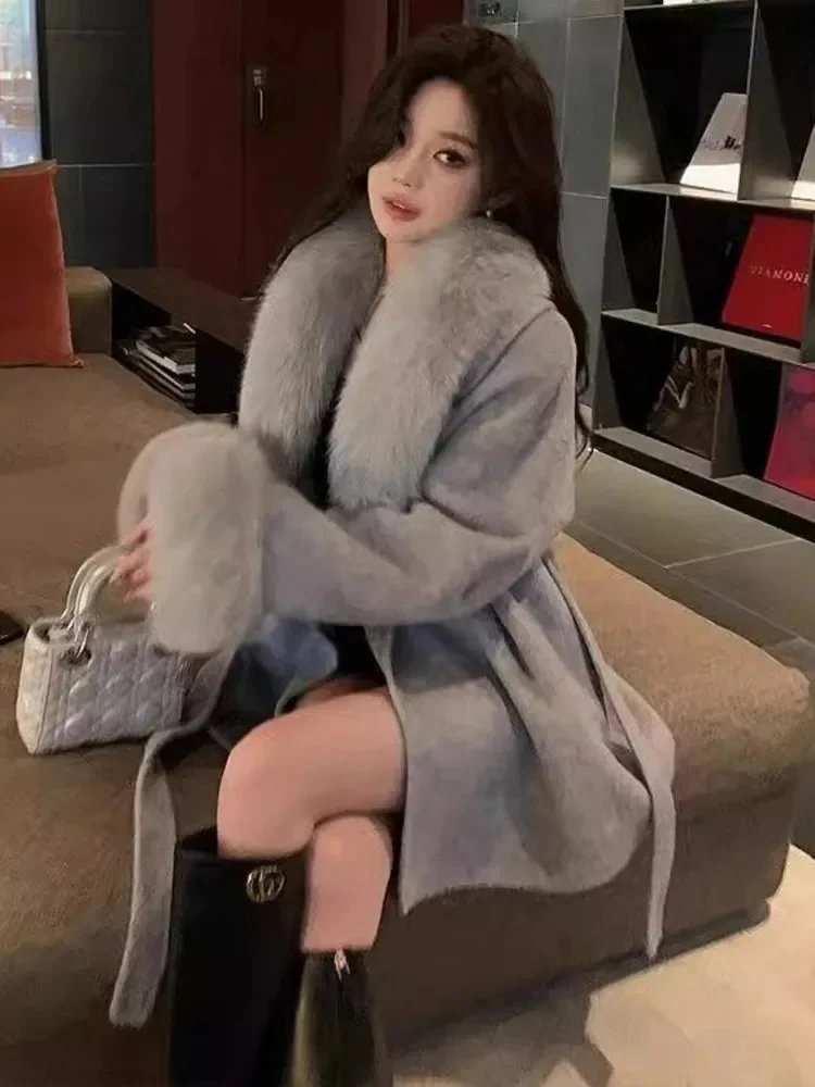 Dwustronny wełniany płaszcz damski z futra lisa Colalr długie rękawy Patchwork luksusowe płaszcze z paskiem 2025 zimowy nowy 2DB2100