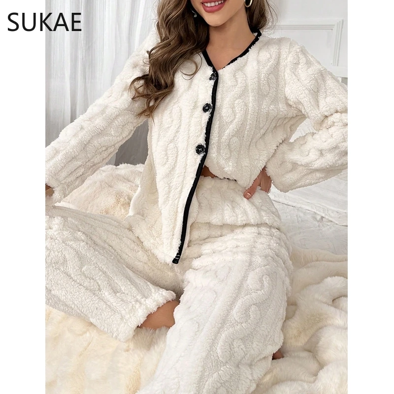 SUKAE Winter Women Pajamas Set Jacquard Fluffy Lady Sleepwear Elegant Plain White V-neck Lapel Thermal Pijamas Casual Nightwear