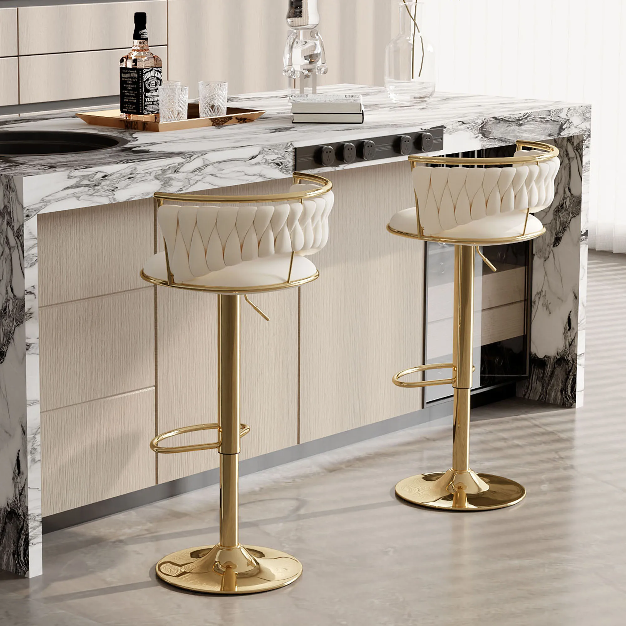Sgabello da Bar moderno da 2 pezzi con schienale, sgabelli da Bar piccoli regolabili in altezza, tessitura in velluto e sgabello da bancone in