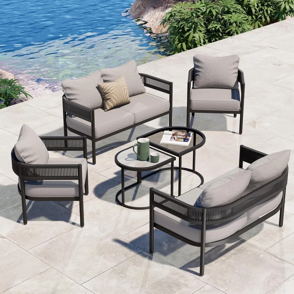 Grand patio 6-Piece Wicker Outdoor Furniture Set with Beige Thick Cushions and Coffee Table,Patio Sofa Conversation Set Backyard