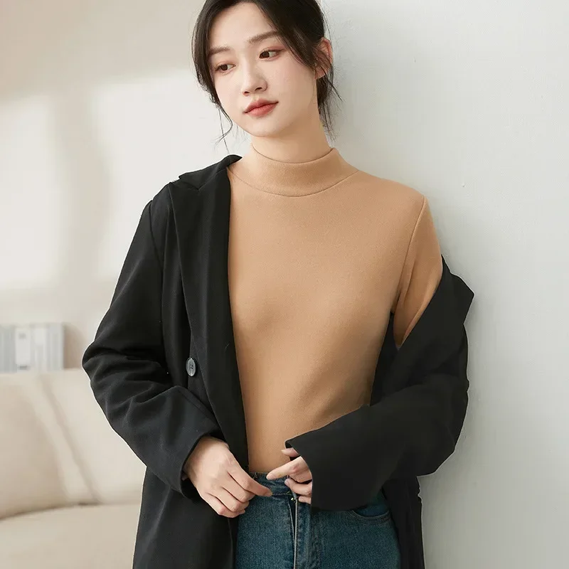 Thick Fleece Thermal Tops Women Mid-high Collar Inside with Super Soft Velvet Bottoming T-shirt Elastic Female Jumper Pullovers