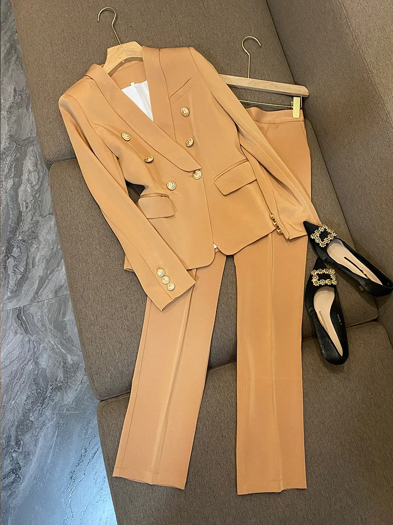 Women Elegant Work Blazer Suit Noted double breasted Jacket Coat Top And Pant Two Piece Set Matching Outfit Office Lady Clothing