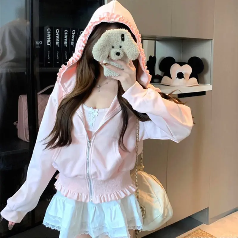 

Y2K розовые толстовки на молнии, женские топы с длинными рукавами и оборками, весенне-осенние толстовки, корейская модная куртка с капюшоном, милое короткое пальто для женщин