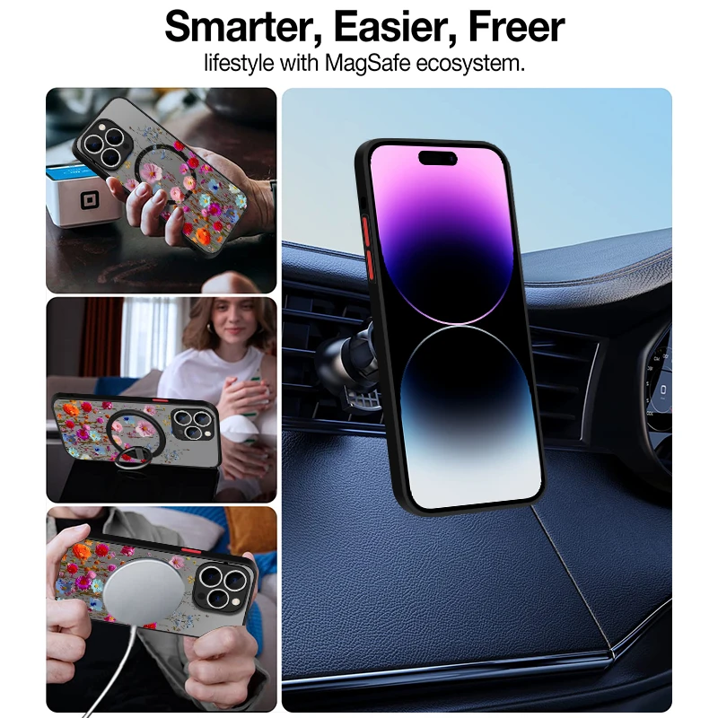 Magnetic Colorful Flower Phone Case For iPhone 15 16 Pro Max 14 13 12 Pro 11 For Magsafe Wireless Charge Soft Edge Acrylic Cover