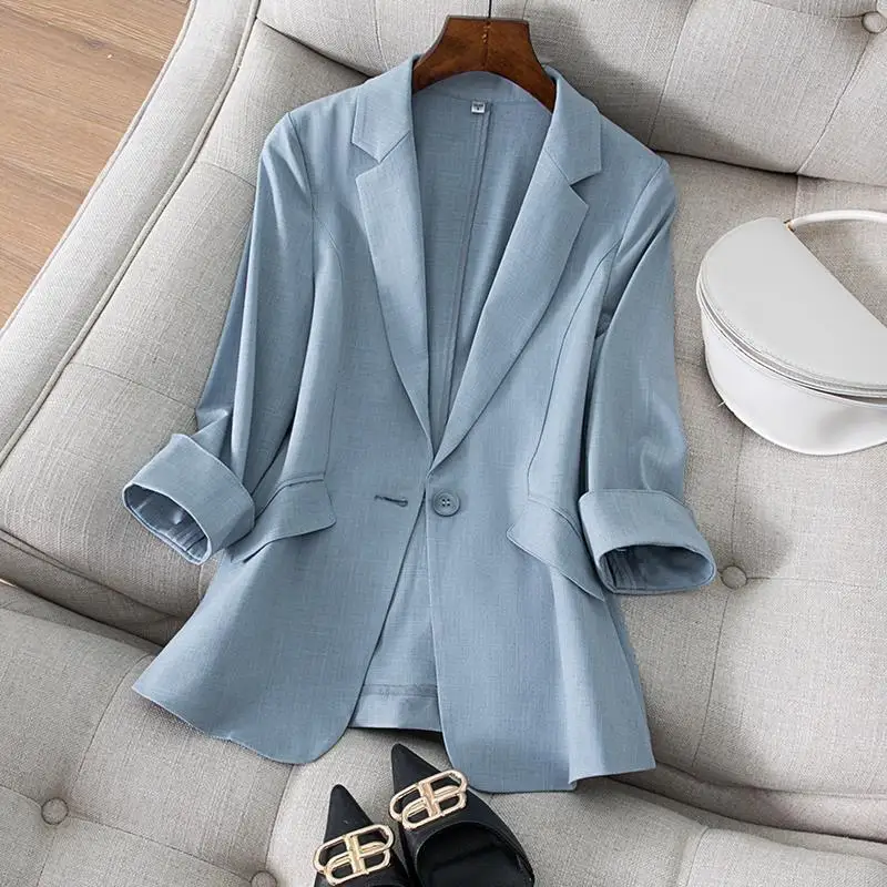 2023 New Plus Size Women\'s Blazer Elegant Summer Long Sleeve Suit Jacket Women Korean Fashion V-neck Thin Blazer Jacket Women