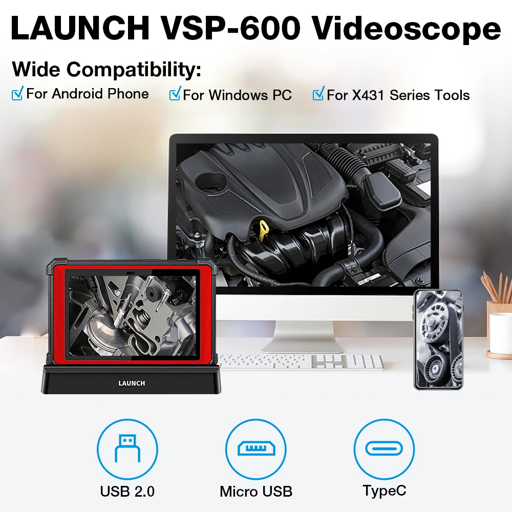 LAUNCH VSP600 Videoscope Camera Endoscope IP67 Waterproof 6LED Car Inspection Mirror Flexible Adjustable for X431 V/PRO3S+/PAD V