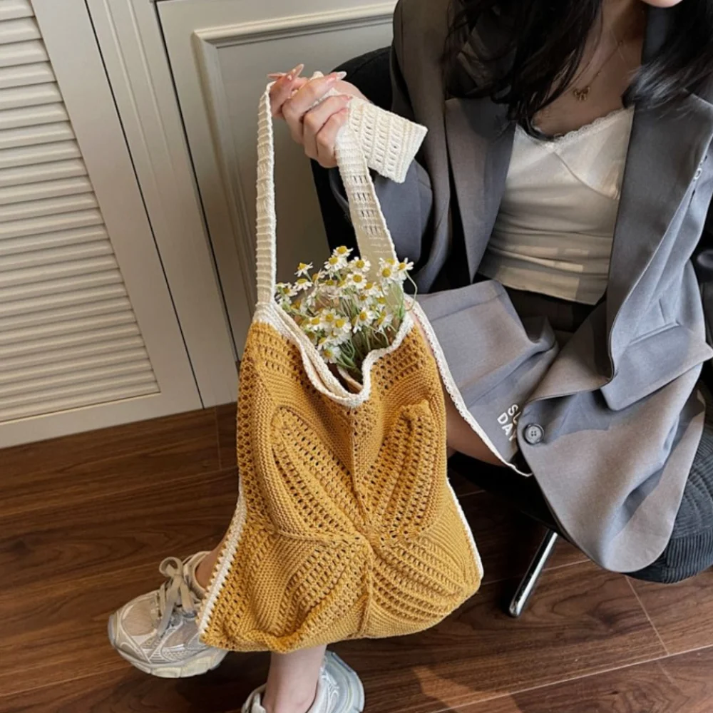 

Fashion Handmade Crochet Bag Boho Leisure Knitted Cross Bag Hollow Large Capacity Weave Tote Bag Summer
