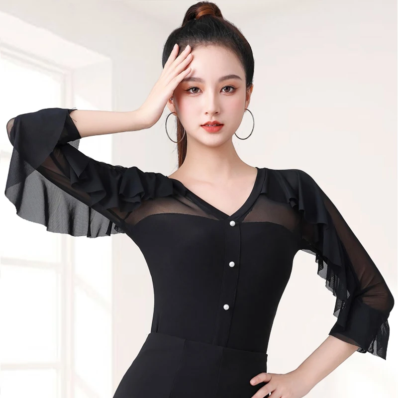 Haut de danse de salle de bal noir à manches à volants pour femmes, Rumba Tango, haut de danse moderne pour adultes, vêtements d'entraînement de danse latine DW10814