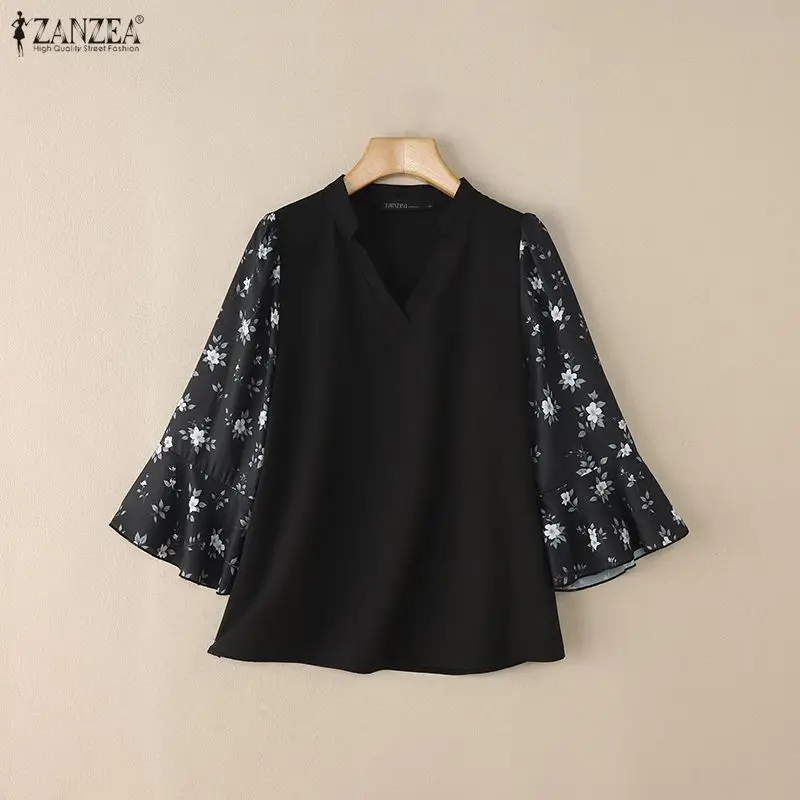 Primavera 2026 Camicette eleganti Donna Scollo a V Stampato floreale Manica a 3/4 Top larghi Estate Casual e Giorno ZANZEA Abbigliamento donna 3XL