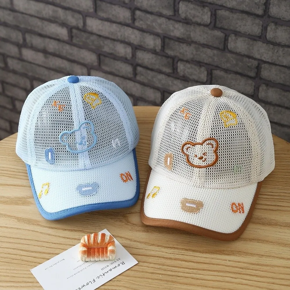 Cute Cartoon Bear Baseball Cap Mesh Breathable Adjustable Velcro Summer Hat Embroidered Lightweight Kid Sun Hat Boys Girls view 3