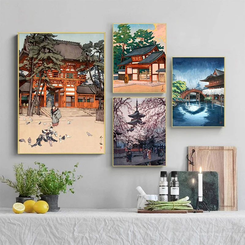 Japanese Kawase Hasui Works Poster Japanese Architecture Ukiyo-e Prints Temple Canvas Painting Wall Art Pictures Home Room Decor