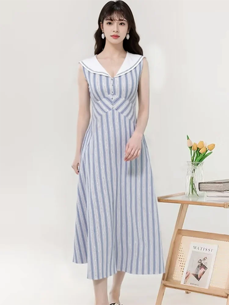 

2025 Fashion Striped Chic Sailor Collar Long Dress Summer Elegant Bodycon Sleeveless Dress Women Korean Vintage Festival Dresses