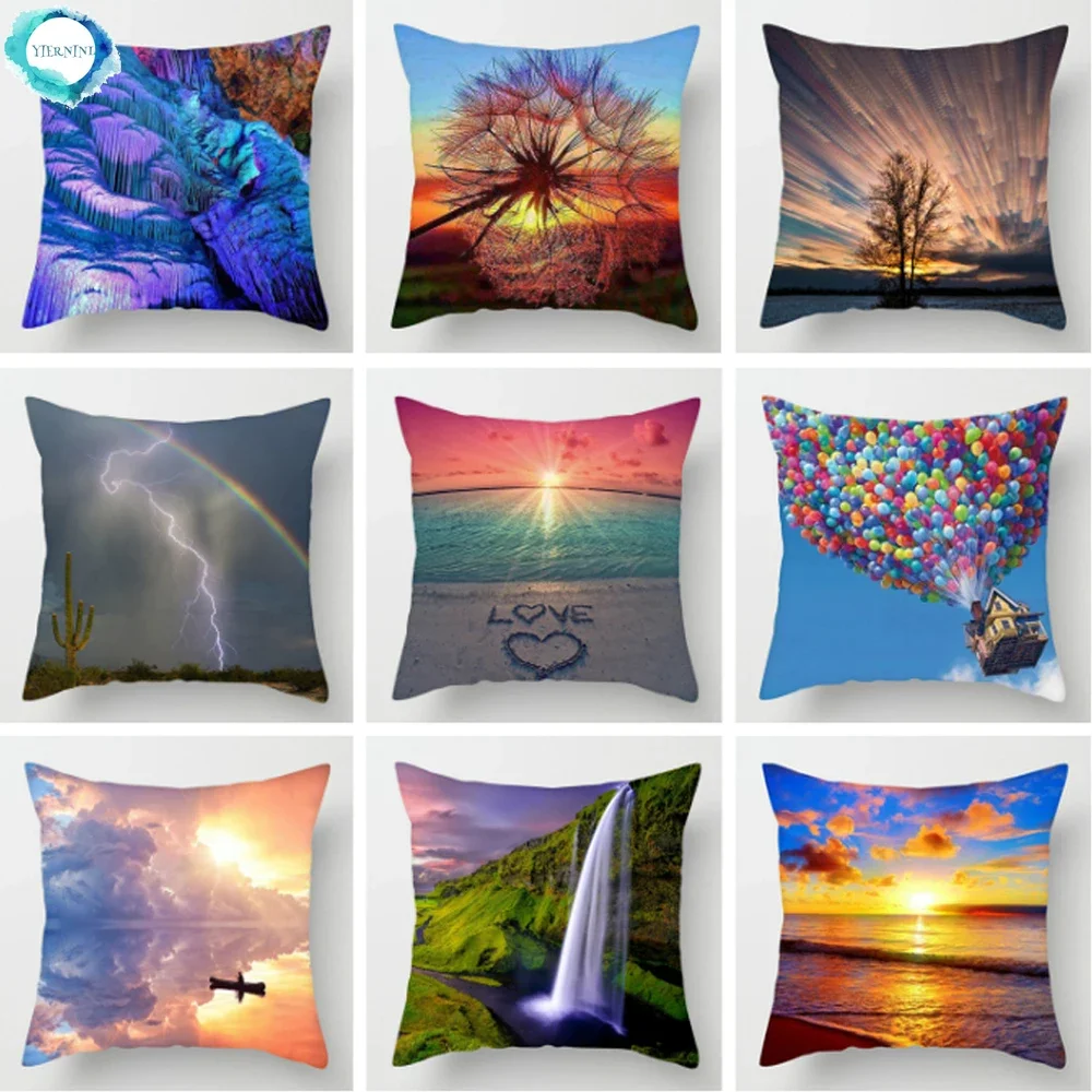 

Natural Scenery Printed Polyester Cushion Cover Nature Balloon Ocean Starfish Pillow Case Home Decorative Pillowcase for Sofa