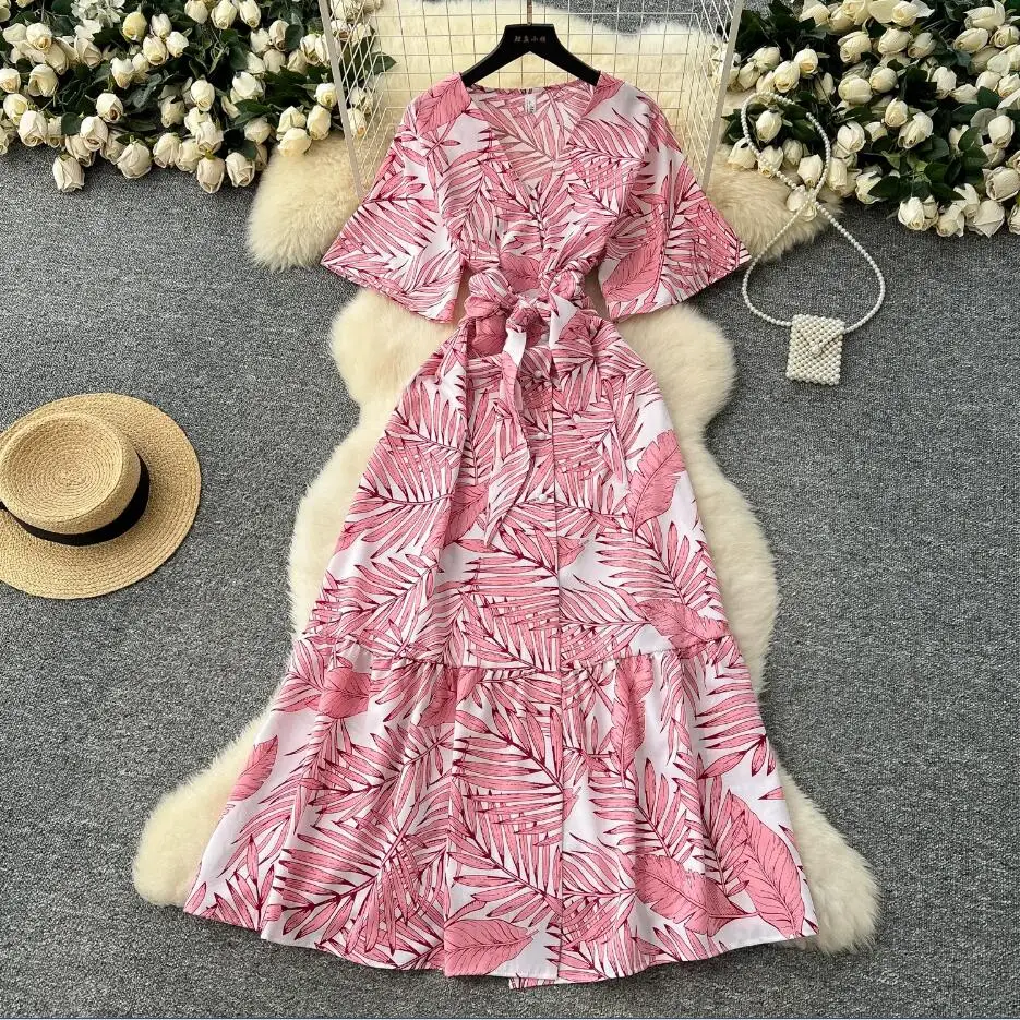 Boho women summer floral print v neck slim bandage long dress casual party high waist INS elegant beach holiday tunic dress