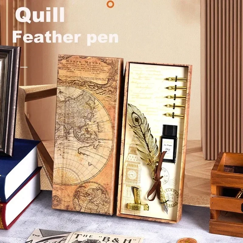 European Style Quill Pens Set Feather Dip Fountain Peacock Pens Sets Ink Stationery Quills Retro Writting School Office Supplie