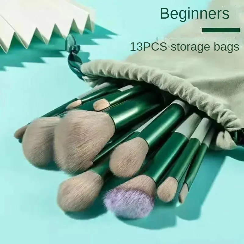 13PCS Green Makeup Brush Set Soft Hair Powder Brush Concealer Brush Powder Blusher Brush Set Beginner Makeup Artist Makeup Brush