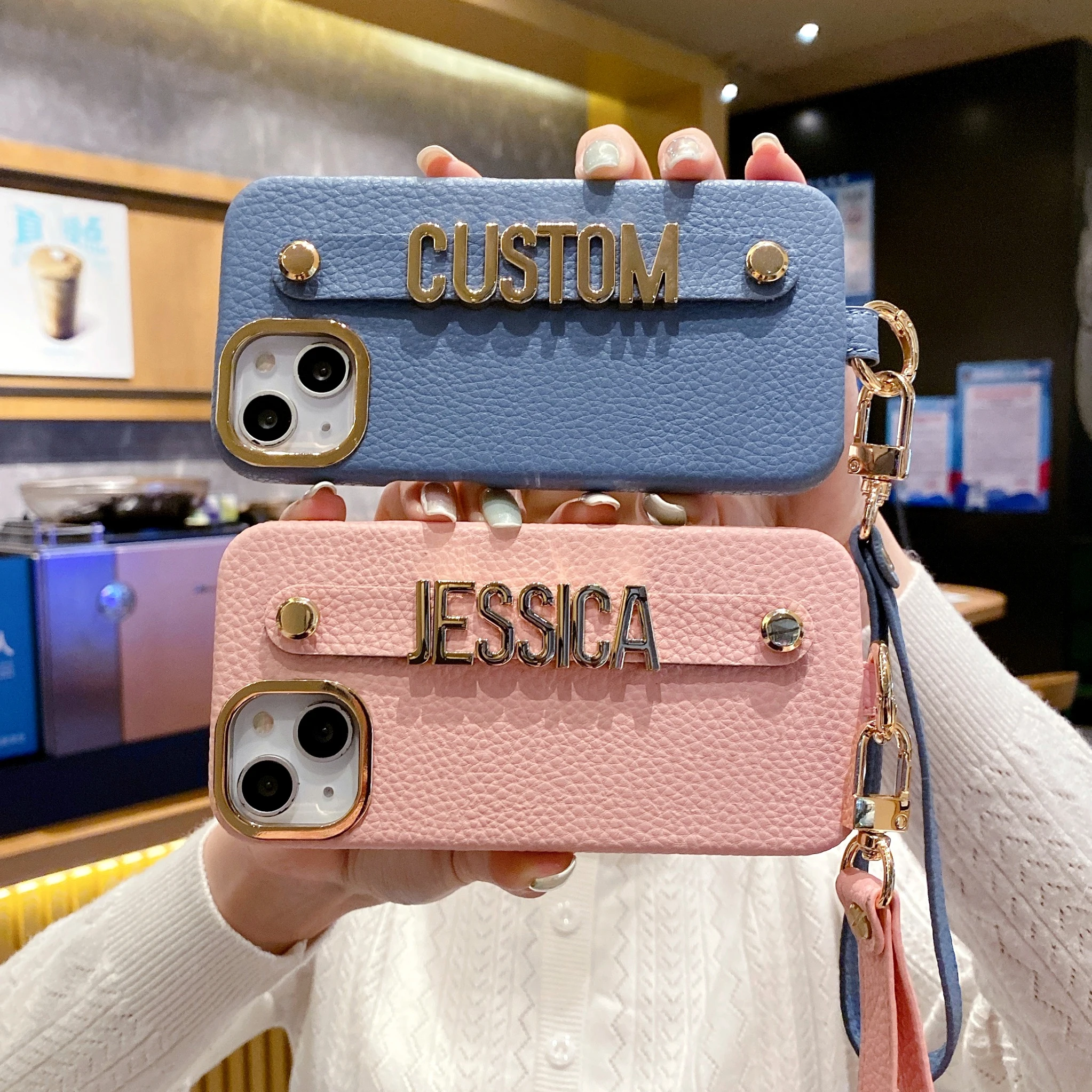 Personalized Leather Phone Case Name Letter Diamond Metal Letter Cover with Lanyard iPhone17 16 12 13 14 15ProMax 16 15 14Plus