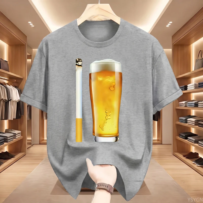 Cigarettes and Beer Humorous Joke Pure Cotton Printed Men's and Women's Clothing Summer New Casual Loose Fashion T-shirt
