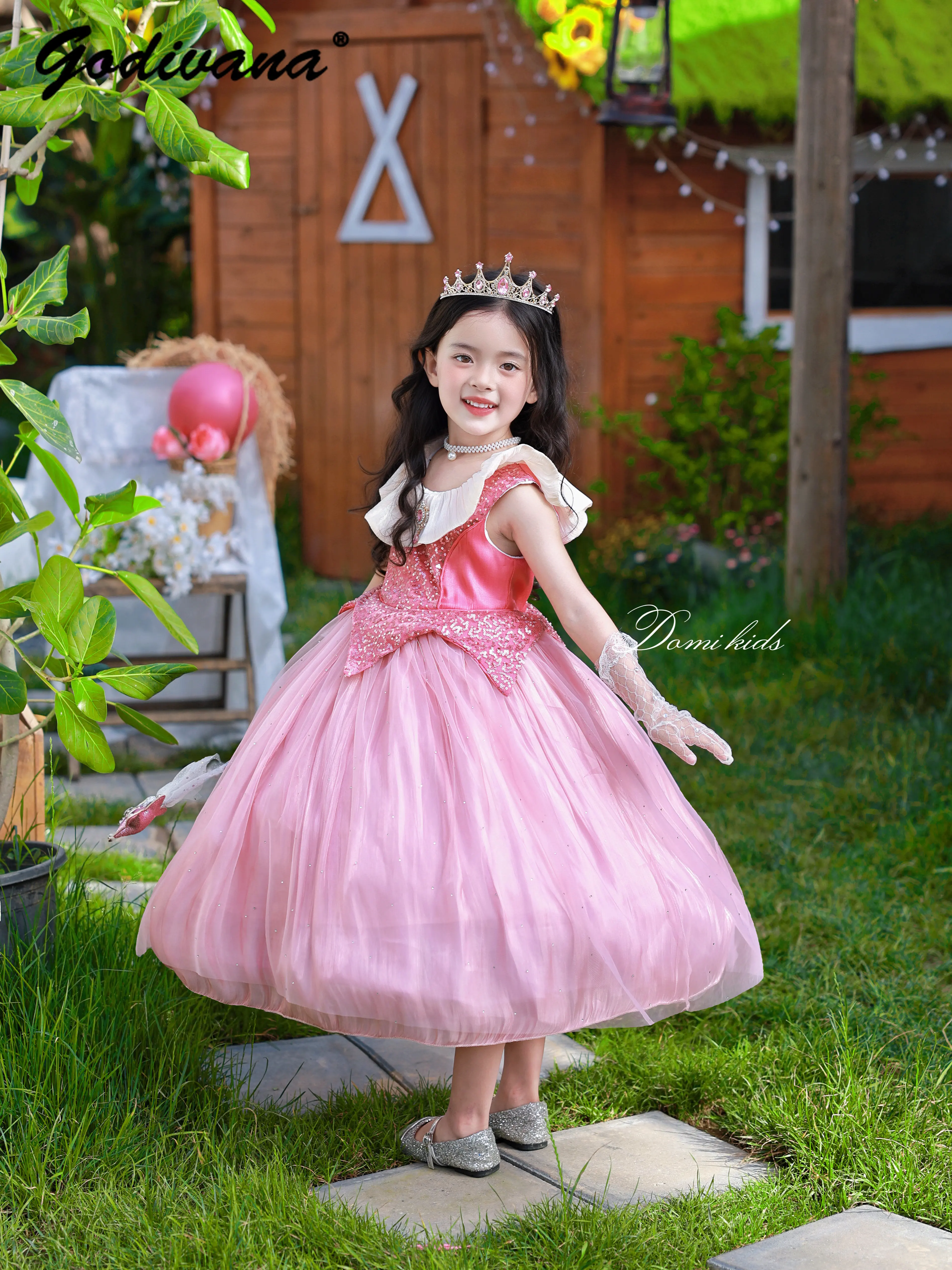 Sweet Baby Girls 2026 New Summer High End Heavy Pink Princess Dress Childrens Luxury Sequin Sleeveless Mesh Birthday Party Gown