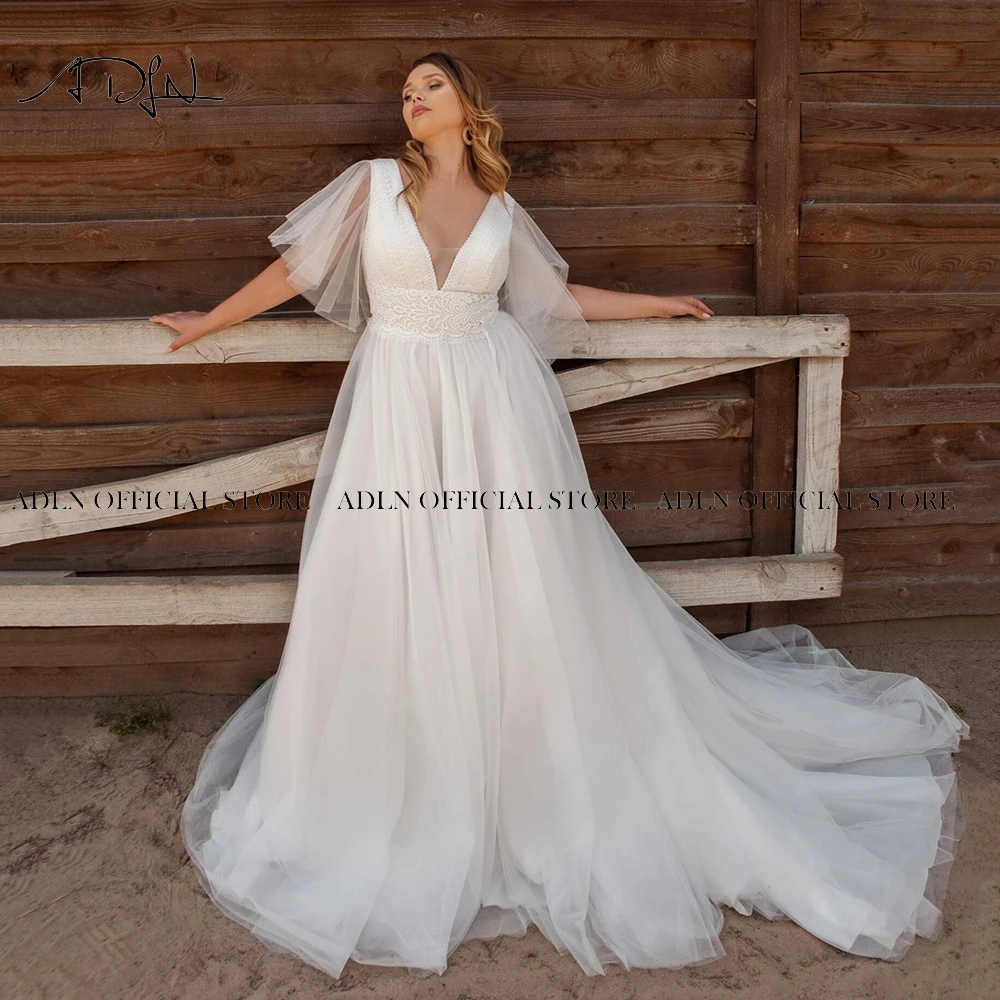 Elegant Flare Sleeves Plus Size Bridal Gown V Neck Customized A-line Wedding Dress Oversize Lace Bride Dresses Vestido de Novia