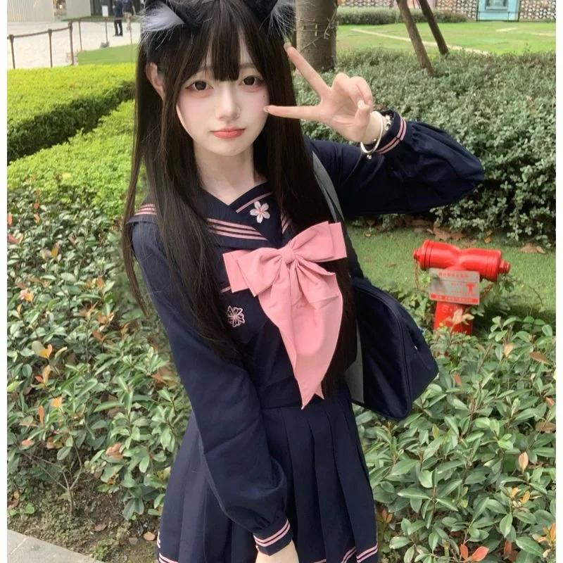 JK Uniform Sailor Suit Genuine Japanese College Style Basic Student Long-short-sleeved Suit Cyan Cute Role Play Summer Cyan