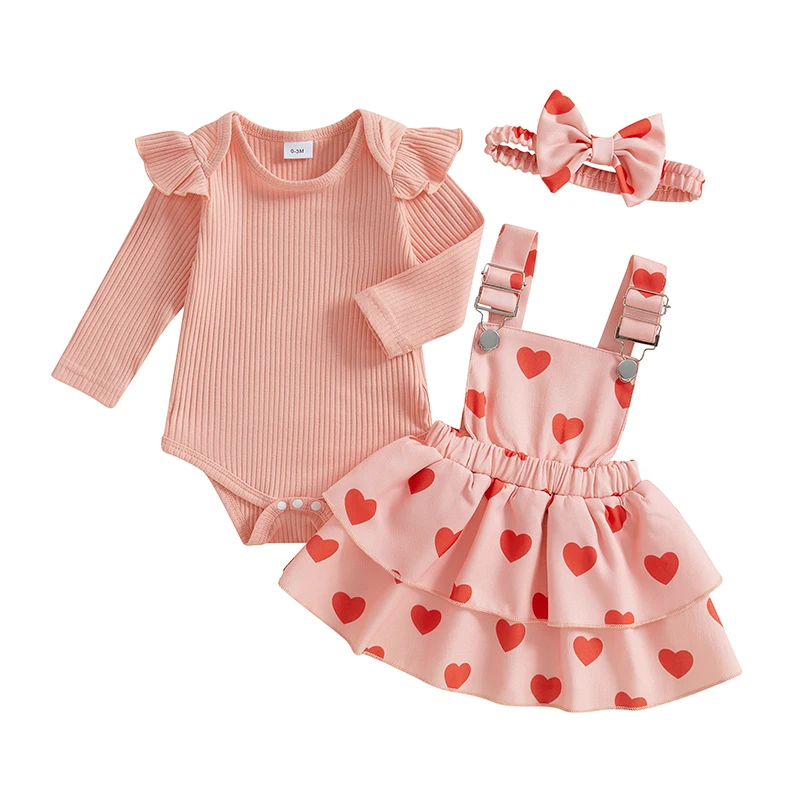 Baby Girls Fall Outfits with Bow Headband Button Love Heart Crew Neck Long Sleeve Rompers with Suspender Skirts 3 Pcs Set