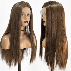 AIMEYA Long Synthetic Lace Wigs for Women Brown Straight Wig Free Part Heat Resistant Fiber Cosplay Party Lace Front Wigs