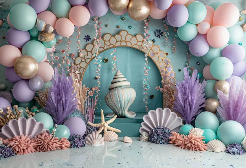 Mehofond-Fondo de fotografía con arco de sirena, globos, conchas, pastel de fiesta de cumpleaños para niña, retrato de Smash, decoración, telón de fondo para estudio fotográfico