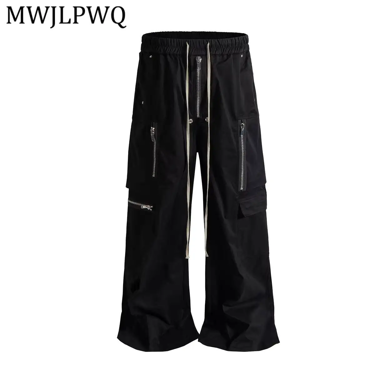 MWJLPWQ Drawstring Waist Cargo Pants Multi Zipper Flap Pockets Vertical Zip Wide Draped Leg Unisex Techwear Street Trouser 17118